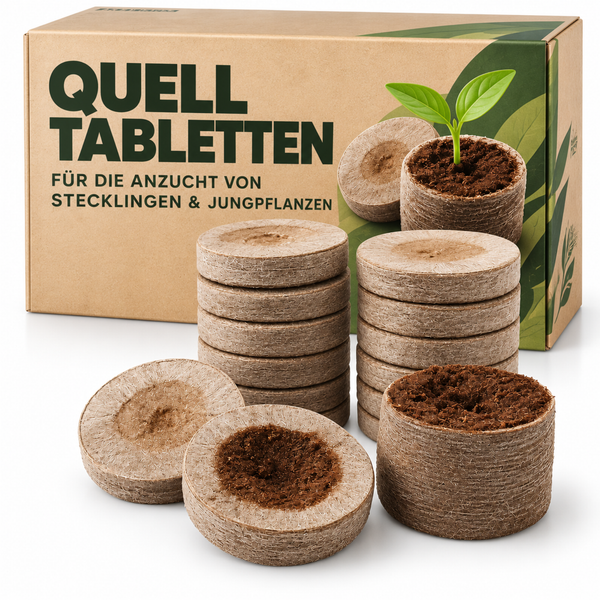 Packung mit Quelltabletten für die Anzucht von Stecklingen und Jungpflanzen aus Kokosfasern inklusive zwei gestapelten und einzelnen Tabletten.