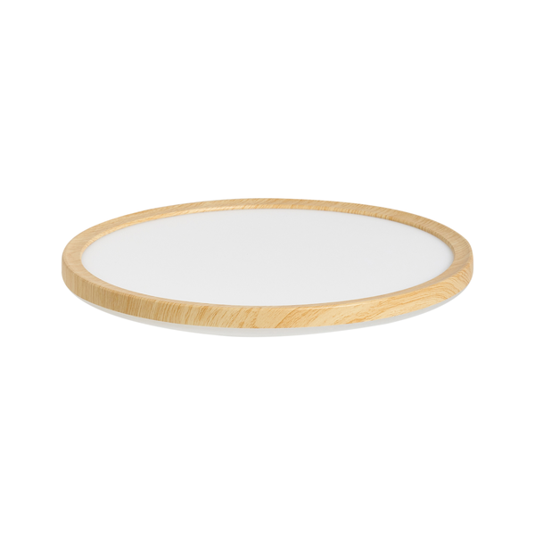 Runde LED Deckenleuchte mit Holzoptik Rahmen für eine flache Wand und Deckenmontage