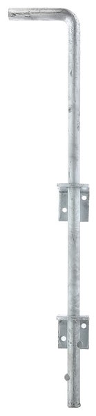 Ein verzinkter Torriegel mit zwei Befestigungsplatten als Überwurfriegel für Tore oder Türen.
