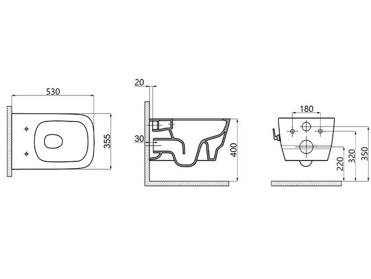 Technische Zeichnung eines Wand-WCs mit Maßangaben