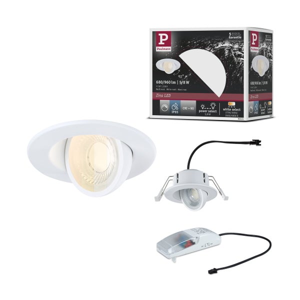Paulmann Zina LED Einbaustrahler Set mit Treiber und Verpackung, 90 Grad schwenkbar, Schutzart IP65, Lichtfarbe und Leistung einstellbar.