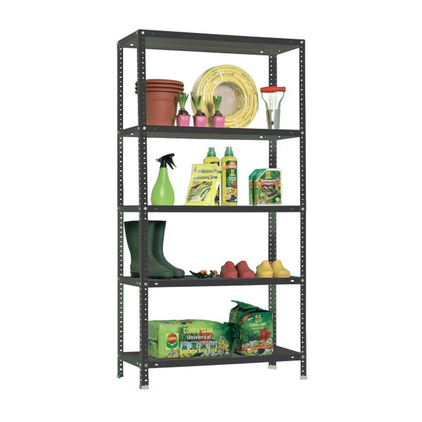 Metallregal in Dunkelgrau mit fünf Böden, bestückt mit Gartenutensilien wie Töpfen, Gartenschlauch, Sprühflasche, Dünger, Stiefeln und Blumenerde.