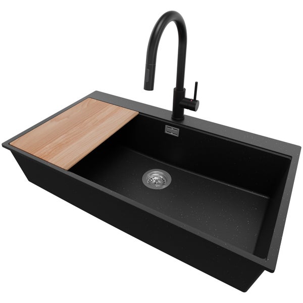 PRIMAGRAN Granitspüle Schwarz Metallic 88x50cm, Spülbecken 1 Becken + Küchenarmatur 40x20cm + Ablauf-Set + Schneidebrett, Küchenspüle ab 90er Unterschrank - Oslo