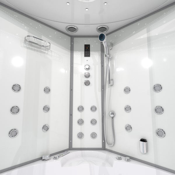 Helle, moderne Dampfduschkabine mit Whirlpool-Wanne, zahlreichen Massagedüsen, digitalem Bedienfeld, Handbrause und Chrom-Armaturen.