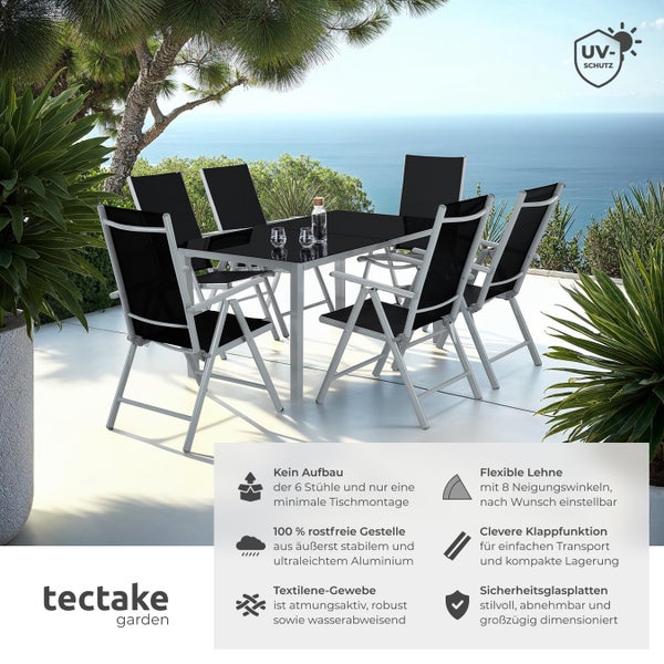 Sitzgruppe tectake Ercolano Tisch mit Sicherheitsglasplatten und Ausgleichsschrauben mit Aluminiumgestell, für 6 Personen silber