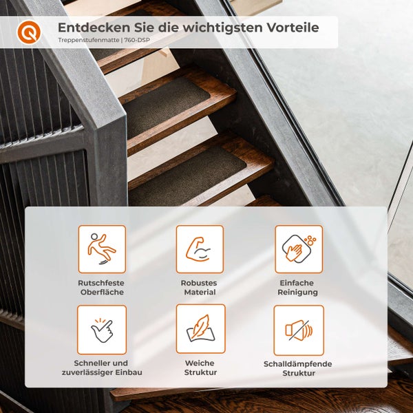 Treppenstufenmatte auf Holztreppe mit Symbolen für Rutschfestigkeit Robustheit Reinigung Einbau Weichheit und Schalldämmung