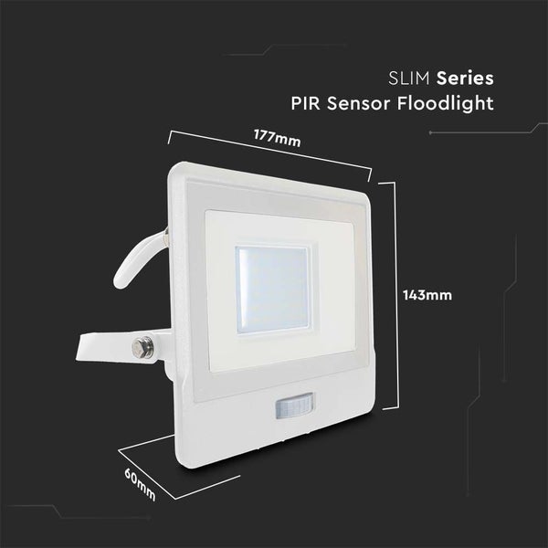 V-TAC VT-138S-1-W - LED-Flutlichtstrahler mit PIR-Sensor - Samsung - IP65 - Weiß - 30W - 2340