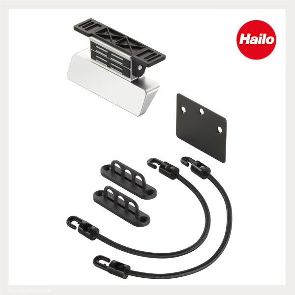 Hailo Montage-Set mit elektronischer Öffnungseinheit, Montageplatte und elastischen Spannseilen sowie Hailo Logo.