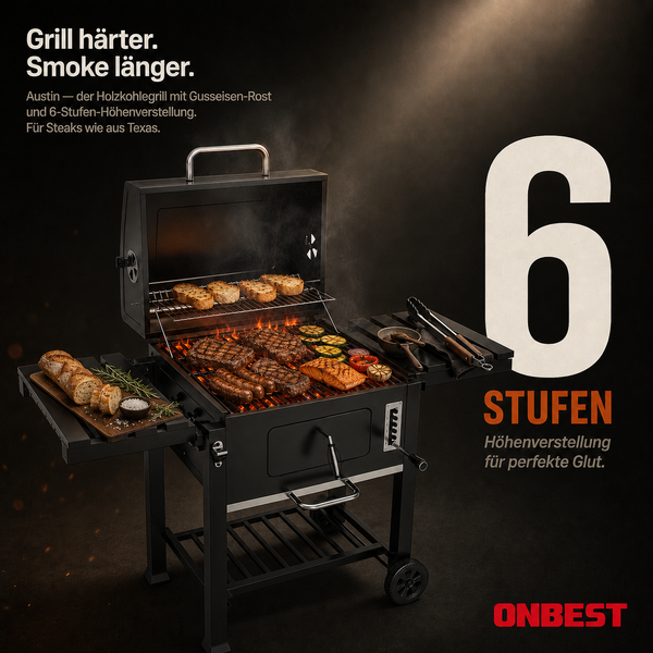 Schwarzer Holzkohlegrill Austin mit Gusseisen-Rost und 6-stufiger Höhenverstellung, belegt mit Fleisch, Gemüse und Brot, ONBEST Logo.