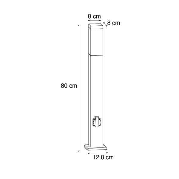 Außensteckdosensäule mit Beleuchtung, Höhe 80 Zentimeter, Breite 8 Zentimeter, Tiefe 8 Zentimeter, Sockelbreite 12,8 Zentimeter.