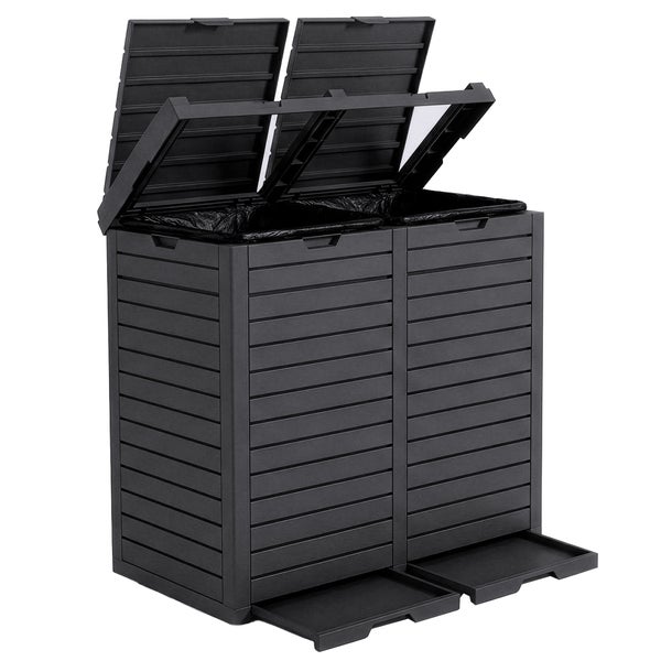 Doppelter Mülltonnenbox aus Kunststoff mit geöffneten Deckeln und herausgezogenen Fußpedalen