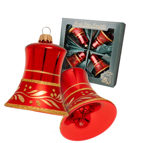 Rot glanz/matt 7cm Glocke, Glasornamente, mundgeblasen, handbemalt, 4 Stck., Weihnachtsbaumkugeln, Christbaumschmuck, Weihnachtsbaumanhänger