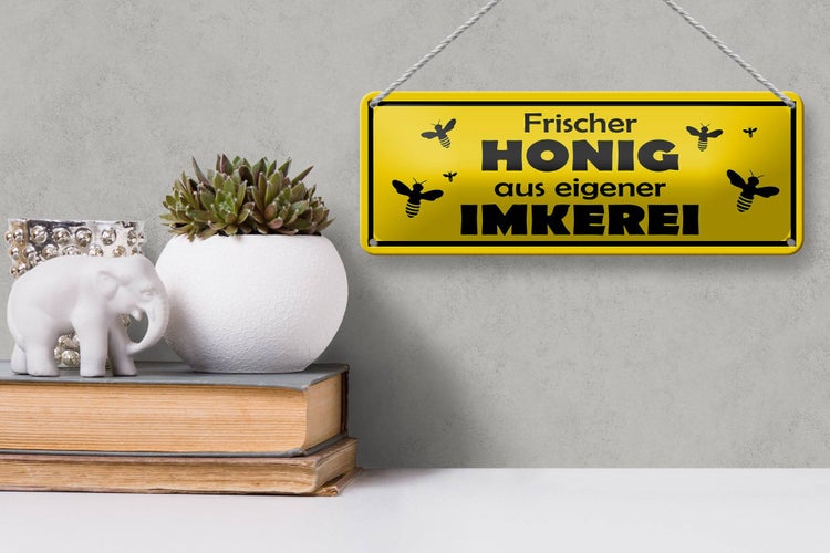 Blechschild Spruch 27x10cm frischer Honig eigene Imkerei Dekoration