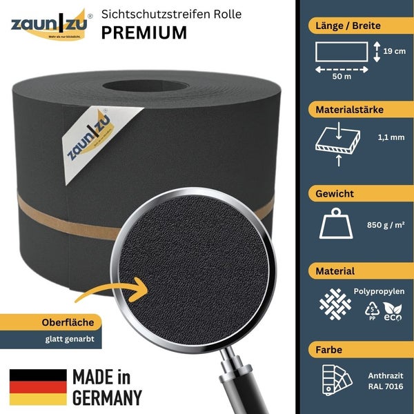 Zaun Sichtschutzstreifen Rolle Premium aus Polypropylen, glatt genarbt, 50 Meter lang und 19 Zentimeter breit