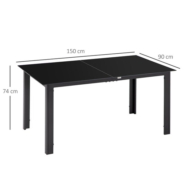 Outsunny Gartentisch, Garten Esstisch für 6 Personen, Terrassentisch mit Glastischplatte, Partytisch aus Alu, Balkontisch, Schwarz, 150 x 90 x 74 cm