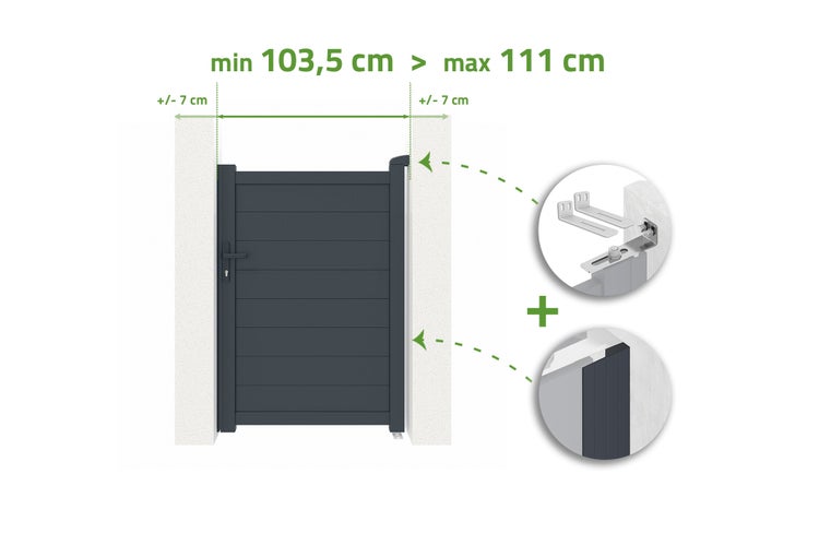 Darstellung einer Gartentür mit Größenangaben und Details zur Montage