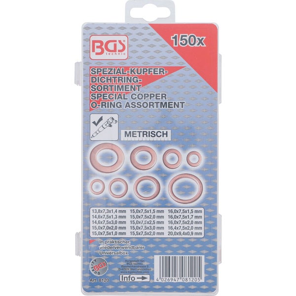BGS technic Spezial Kupfer Dichtring Sortiment mit 150 metrischen Dichtringen in Universalbox