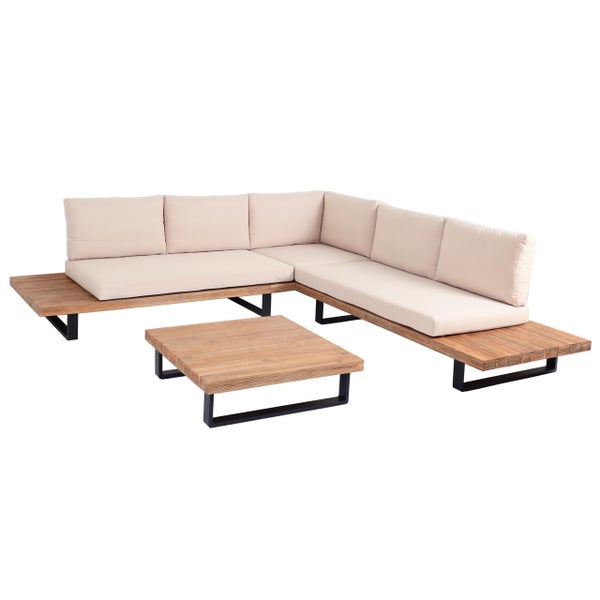 Gartenlounge-Set bestehend aus Ecksofa aus Holz mit Metallgestell, Polsterauflagen und einem quadratischen Tisch.