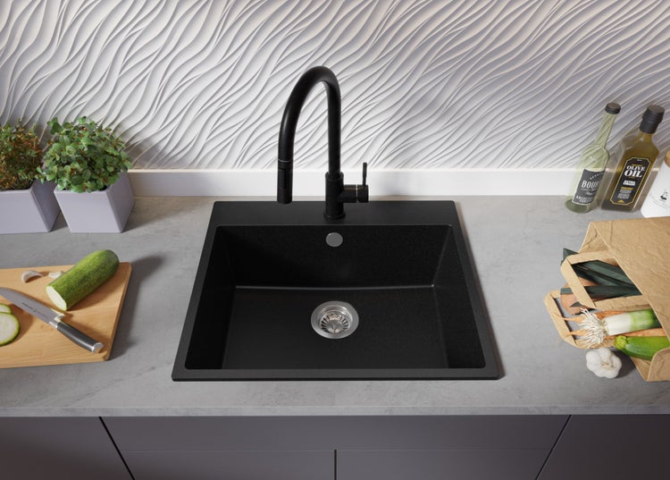PRIMAGRAN Granitspüle Schwarz 58x50cm, Spülbecken 1 Becken + Küchenarmatur 32x20cm + Ablauf-Set, Küchenspüle ab 60er Unterschrank - Riga