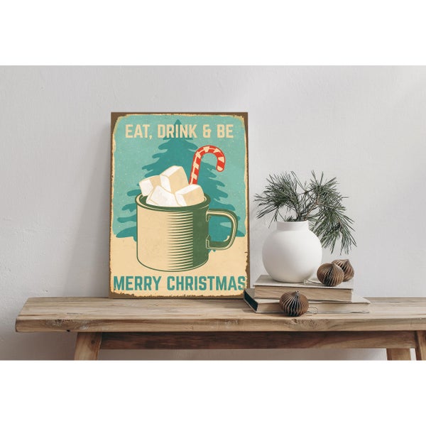 Blechschild, Alu-Dibond, Retro Wandbild Weihnachten Heißer Kakao mit Zuckerstange STA2491 in 20x30cm inkl. Lochbohrung