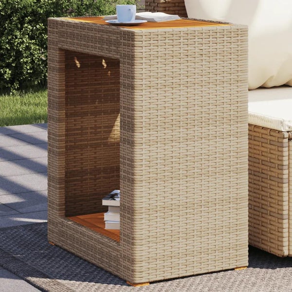 Garten-Beistelltisch mit Holzplatte Beige Poly Rattan