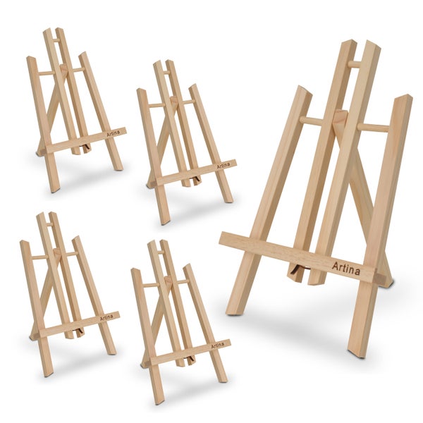 Set aus fünf kleinen Tischstaffeleien von Artina aus Holz für Dekorationen oder kleine Leinwände.