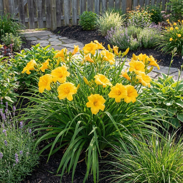 Blühende gelbe Taglilien in einem hellen, organisierten Gartenbeet mit Lavendel, Gräsern und dunklem Mulch neben einem Steinweg.