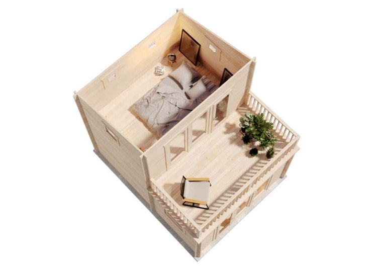 Helle Draufsicht auf das Obergeschoss eines Gartenhauses aus Holz mit Schlafzimmer und angrenzender Terrasse inklusive Balkonmöbeln.