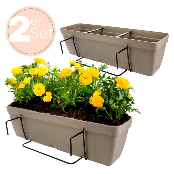 Zwei Balkonkästen mit Halterungen, einer mit gelben Blumen bepflanzt