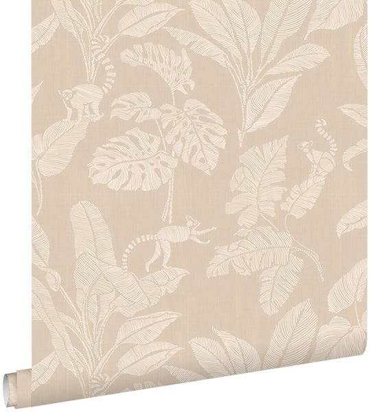 ESTAhome Tapete Affen und Dschungelblätter Beige - 50 x 900 cm - 139858