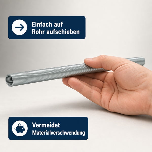 Biegefeder aus Metall für Rohre, wird von Hand gehalten, mit Hinweisen zur einfachen Anwendung und Materialersparnis.
