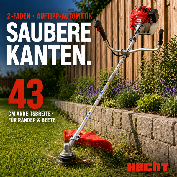 Hecht Benzin-Motorsense mit 43 Zentimeter Arbeitsbreite und 2-Faden-Auftipp-Automatik beim Trimmen einer Rasenkante am Beet. Hecht Logo.