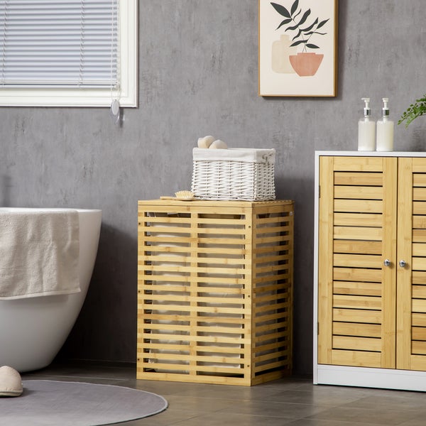 HOMCOM Bambus Wäschekorb mit 63 L Wäschesammler mit Deckel herausnehmbarer Wäschesack, Stange, Laundry Baskets Wäschebox für Waschküche Schlafzimmer Badezimmer Naturholz