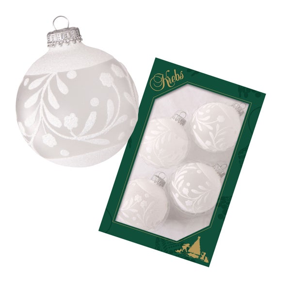 Frost 7cm Glaskugeln handdekoriert mit weißen glitzernden Weinreben, 4 Stck., Weihnachtsbaumkugeln, Christbaumschmuck, Weihnachtsbaumanhänger