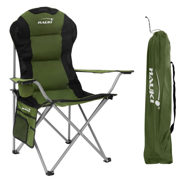 Hauki Campingstuhl faltbar, Khaki, Anglerstuhl mit Getränkehalter & Tragetasche, Gartenstuhl klappbar, bis 150kg, Übergroßer Klappstuhl mit Hochlehner, Gepolster Faltstuhl leicht, Angelstuhl tragbar