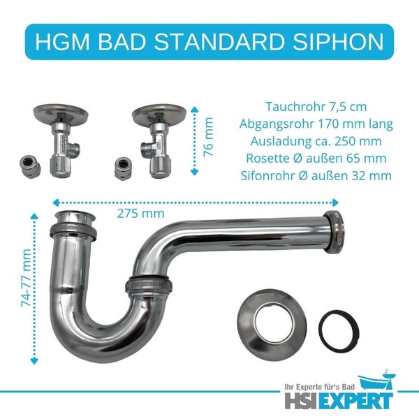 HGM Bad Standard Siphon mit Maßen und Detailansichten