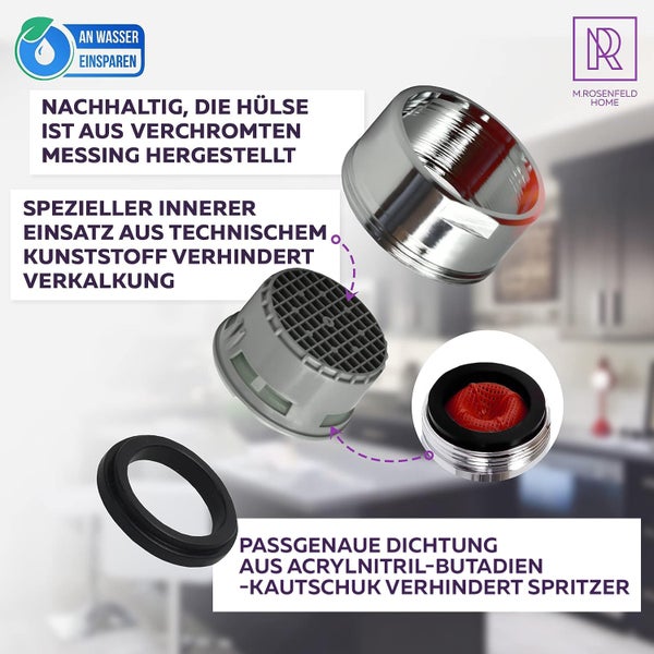 7 Stk. Sehr Wassersparend Strahlregler M24 Wasserfluss 5 l/min mit Montageschlüssel - High Tech Anti Kalk Wasserhahn Strahlregler mit Kugelförmige Filter - Aufsatz Strahlregler für Wasserhähne