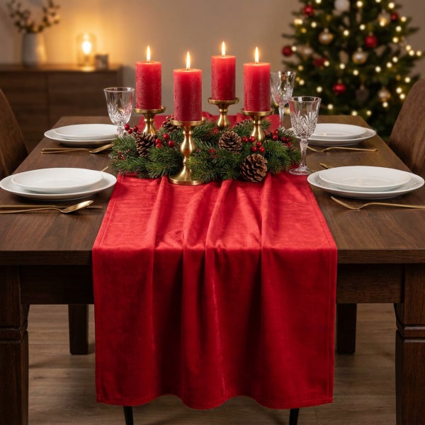 Festlich gedeckter Holztisch mit rotem Samttischläufer, Adventskranz mit brennenden Stumpenkerzen in goldfarbenen Haltern und Geschirr.