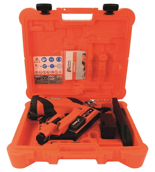 Paslode Impuls-Nagler Combi X im geöffneten, orangefarbenen Werkzeugkoffer mit Zubehör