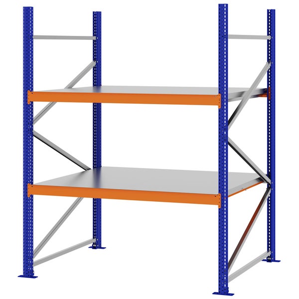 Schwerlastregal aus Metall mit zwei Ebenen, blau-orangefarbenem Rahmen und verzinkten Fachböden.