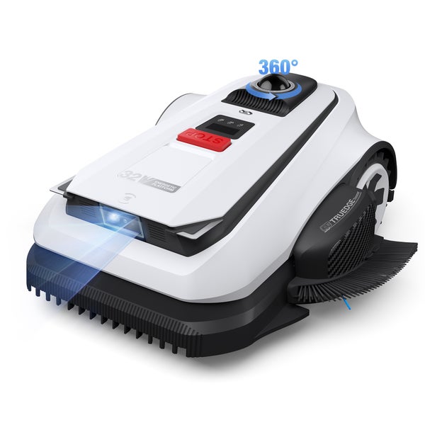 Weißer Mähroboter mit 360 Grad Sensor, Frontlicht und Kantentrimmer.