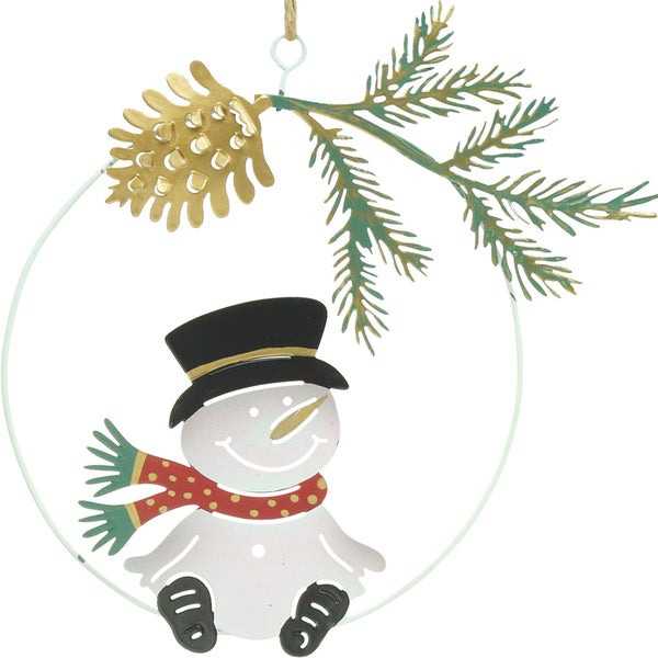 Weihnachtsbaumschmuck mit Schneemannfigur, Tannenzapfen und Zweig