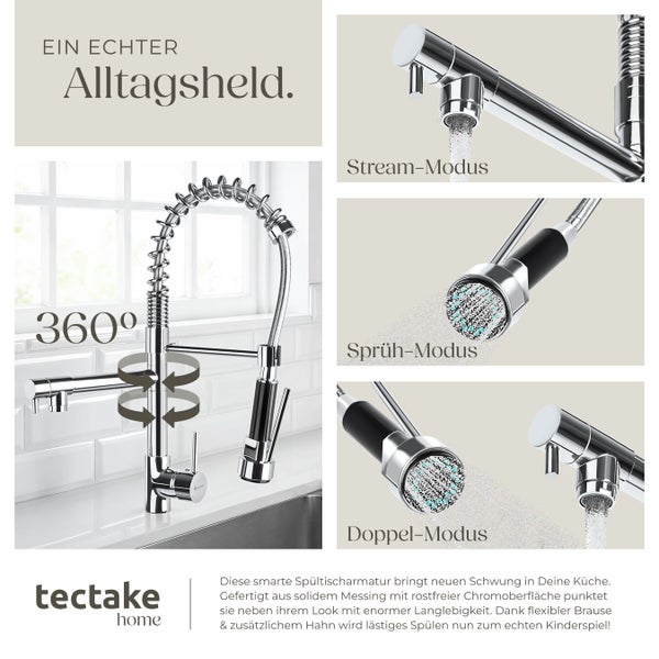 Spültischarmatur mit drei verschiedenen Strahlarten und 360 Grad Drehwinkel im Spülbecken