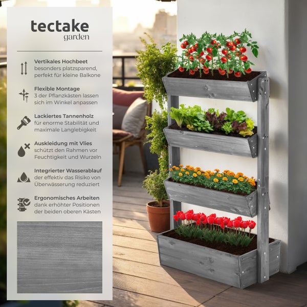 Tectake Garden Logo. Vertikales Hochbeet aus grauem Tannenholz mit vier Ebenen auf einem Balkon, bepflanzt mit Gemüse und Blumen.