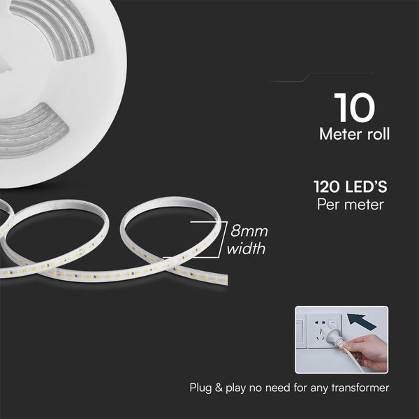 LED Band auf einer 10 Meter Rolle mit 120 LEDs pro Meter und 8 Millimeter Breite, inklusive Stecker für den direkten Anschluss