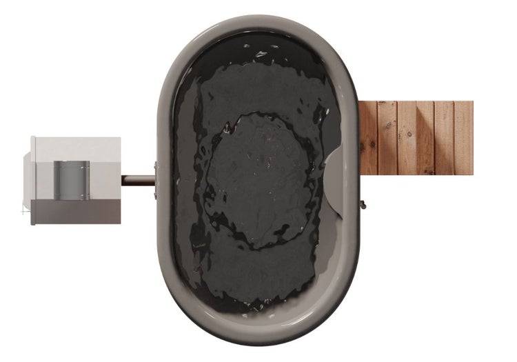 Freistehende Badewanne mit Armatur und Holzverkleidung von oben