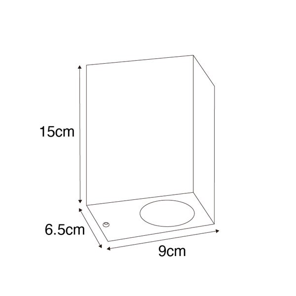 Maßzeichnung einer Wandleuchte mit einer Höhe von 15 Zentimetern, einer Breite von 9 Zentimetern und einer Tiefe von 6,5 Zentimetern.