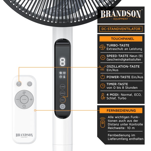 Brandson - DC Standventilator energiesparend ECO - Fernbedieung - Brushless Silent Motor -sehr leise - Oszilation 60° 90° 120° - Ventilator Timer