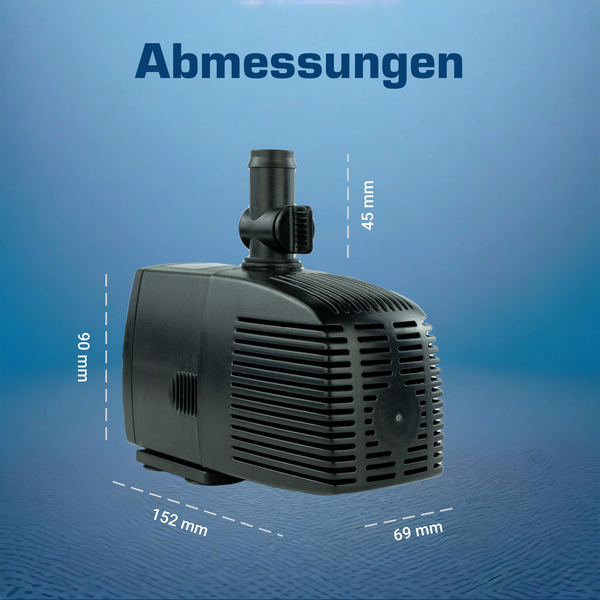 Abmessungen einer Teichpumpe: 152 Millimeter Länge, 69 Millimeter Breite, 90 Millimeter Höhe und 45 Millimeter Anschlussstutzen.
