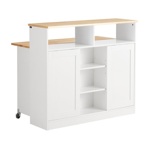 Kücheninsel mit Arbeitsplatte aus Holz, Schränken und Regalen